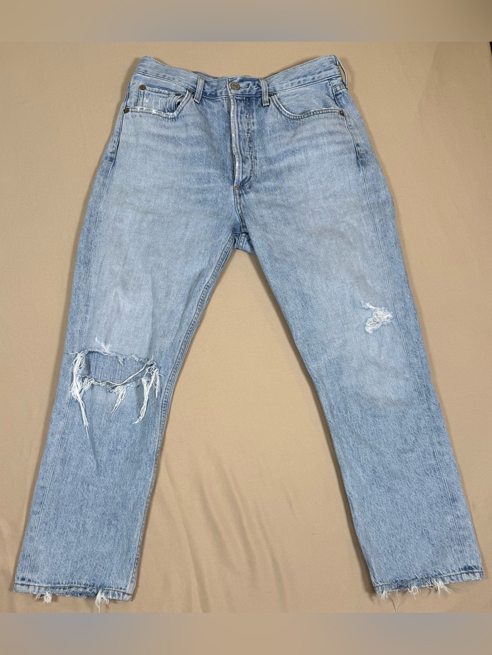 Agolde Riley, High Rise, Light Blue Distressed Straight Jeans, size 28.